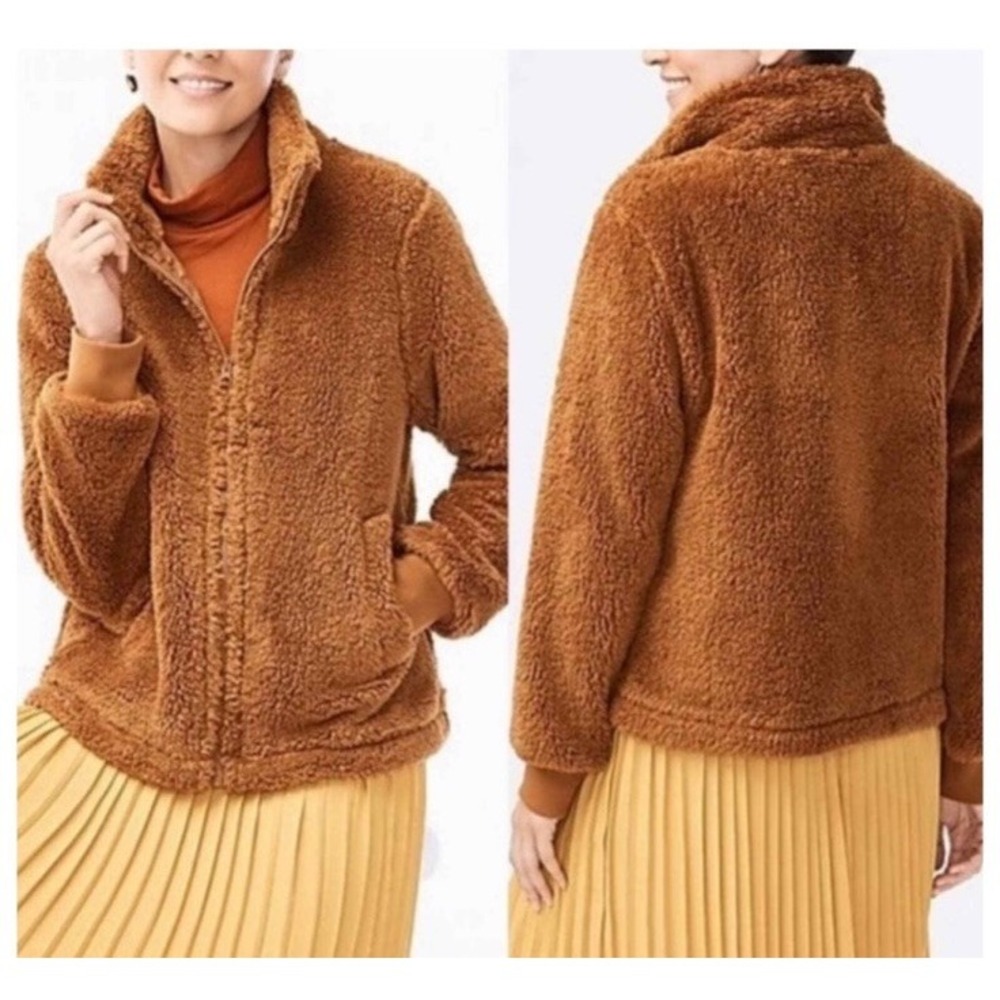 J.CREW Sherpa Camel Funnelneck Zip Jacket Women Small AB440 Teddy - Picture 1 of 14